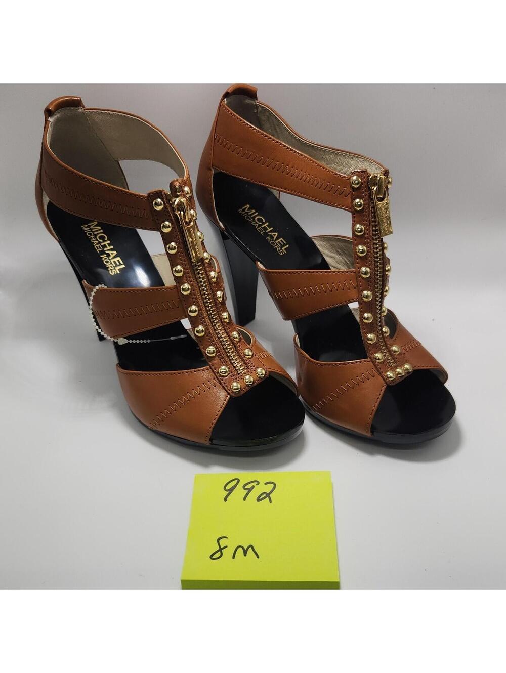 MICHAEL Michael Kors Women’s Leather Strappy Open Toe Zip Studded Brown 8M